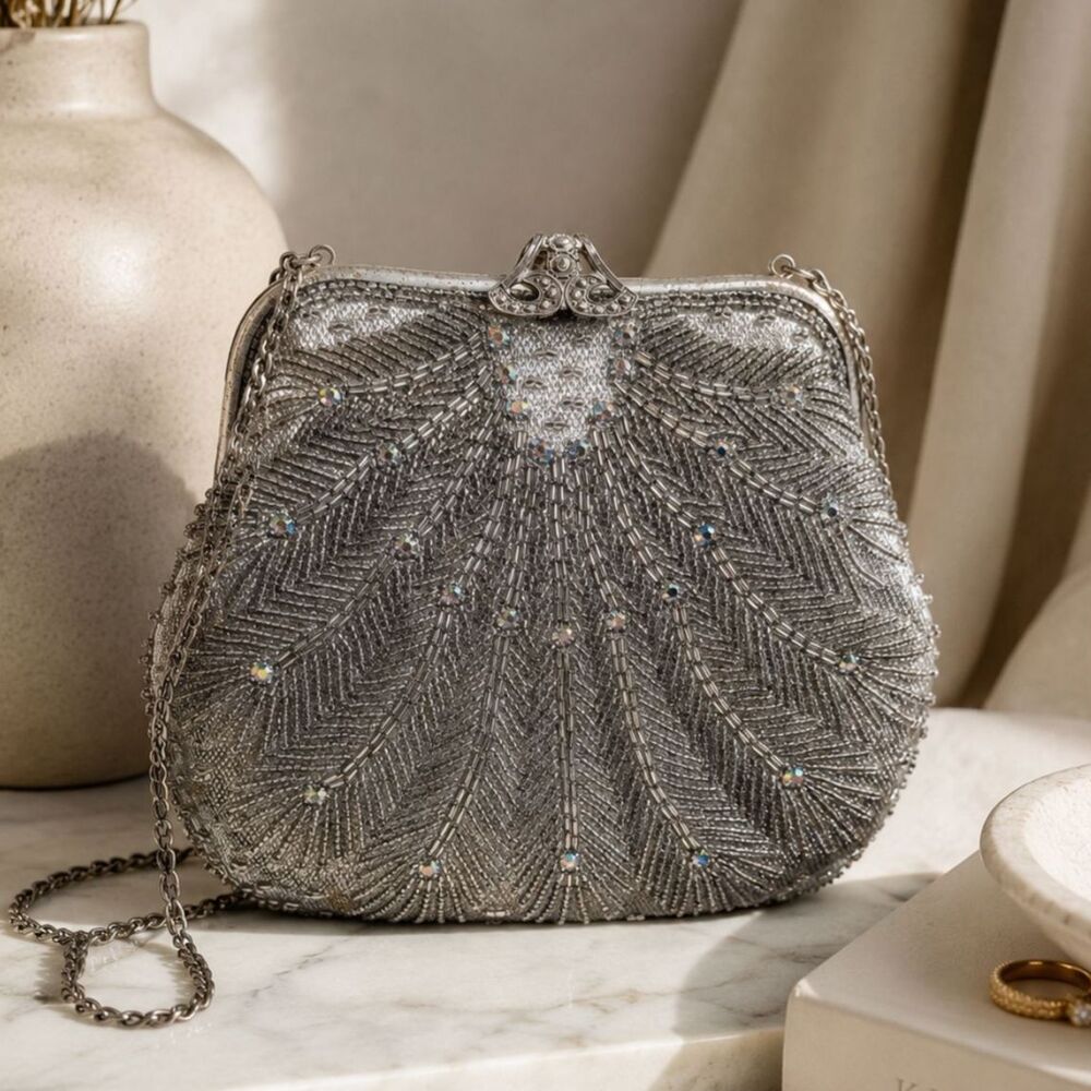 Vintage Silver Beaded Evening Bag Art Deco Glam Rhinestone Purse Clutch Formal